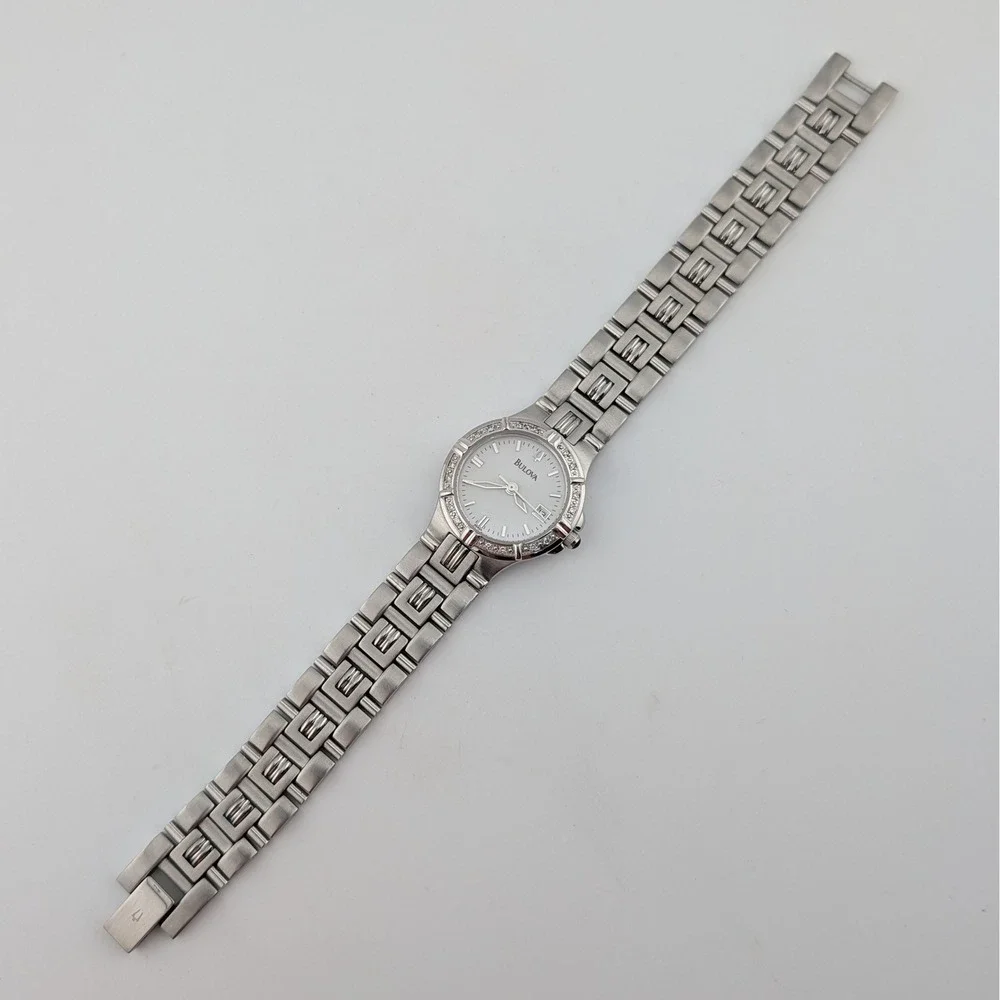 Bulova 96R04 Women's Diamond Watch White Pearlized Dial SS Date 25mm 7.25